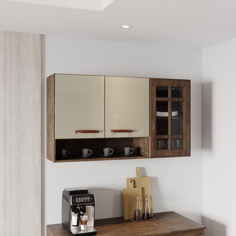 Armário Aéreo Modulado Vazado com Vidro Fidelitá Lisboa 120cm 3 Portas Noce/Off-White
