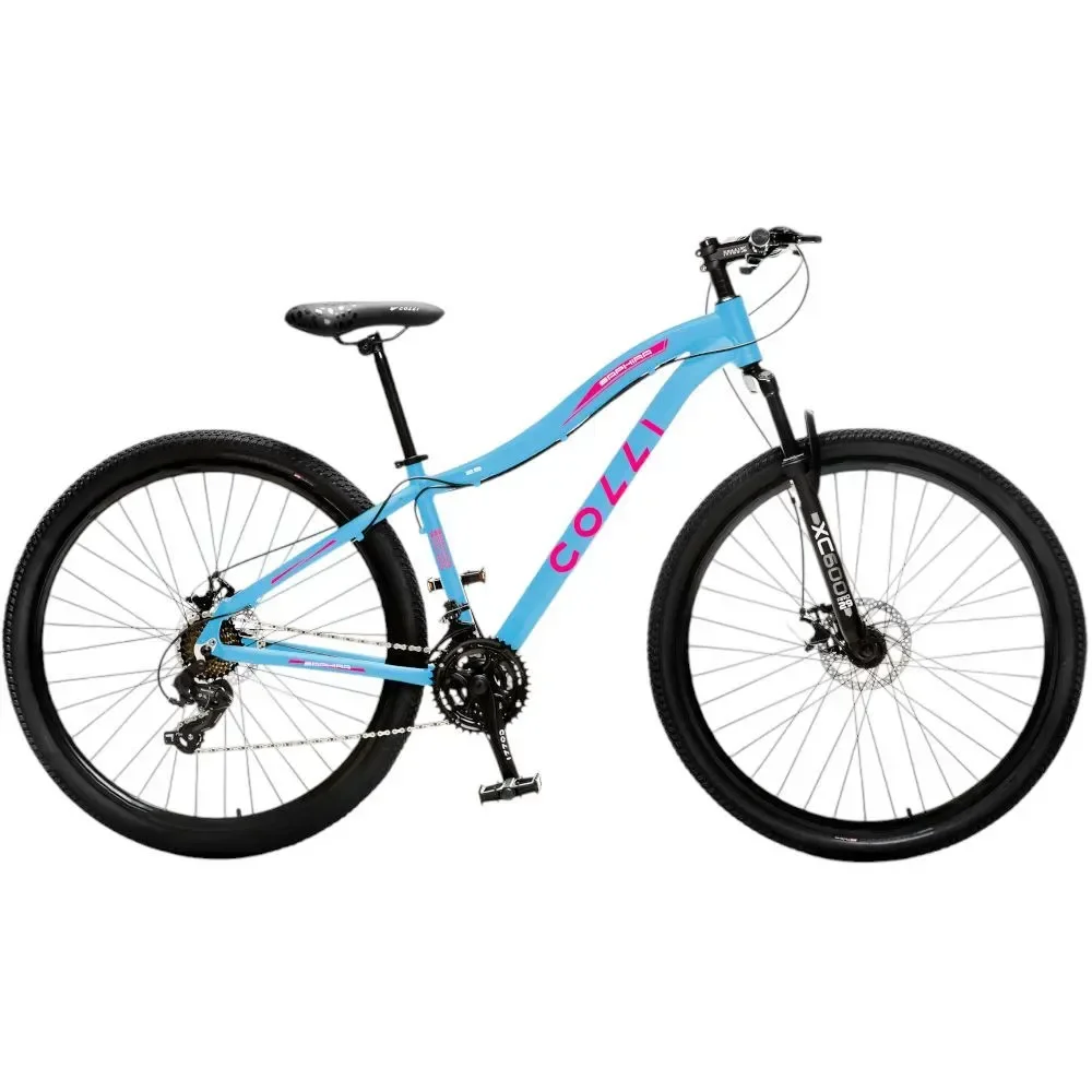 Bicicleta Colli Eudora Aluminio Aro 29 Disco-Shimano 21V Cor Azul Champanhe com Rosa Neon Tamanho do Quadro 15,5