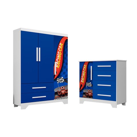 Conjunto Quarto Infantil Carros Azul MDF Roupeiro e Cômoda Organizadores para Criança Moderno