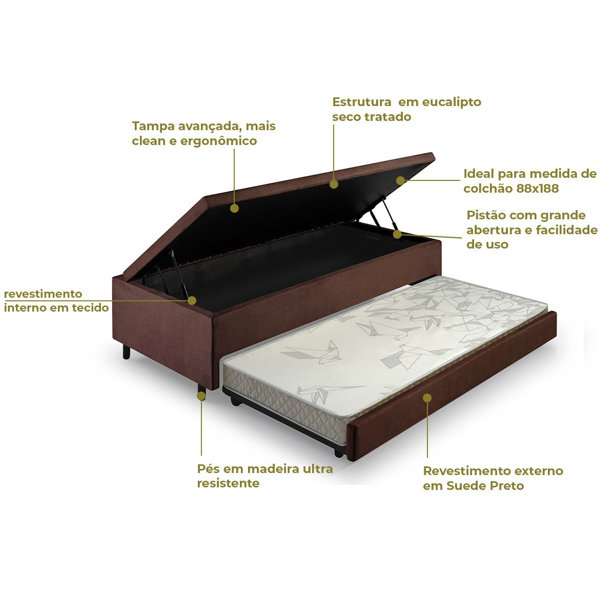 Bicama Box com Baú Solteiro 88x188 com Colchão Auxiliar Suede Marrom - 5