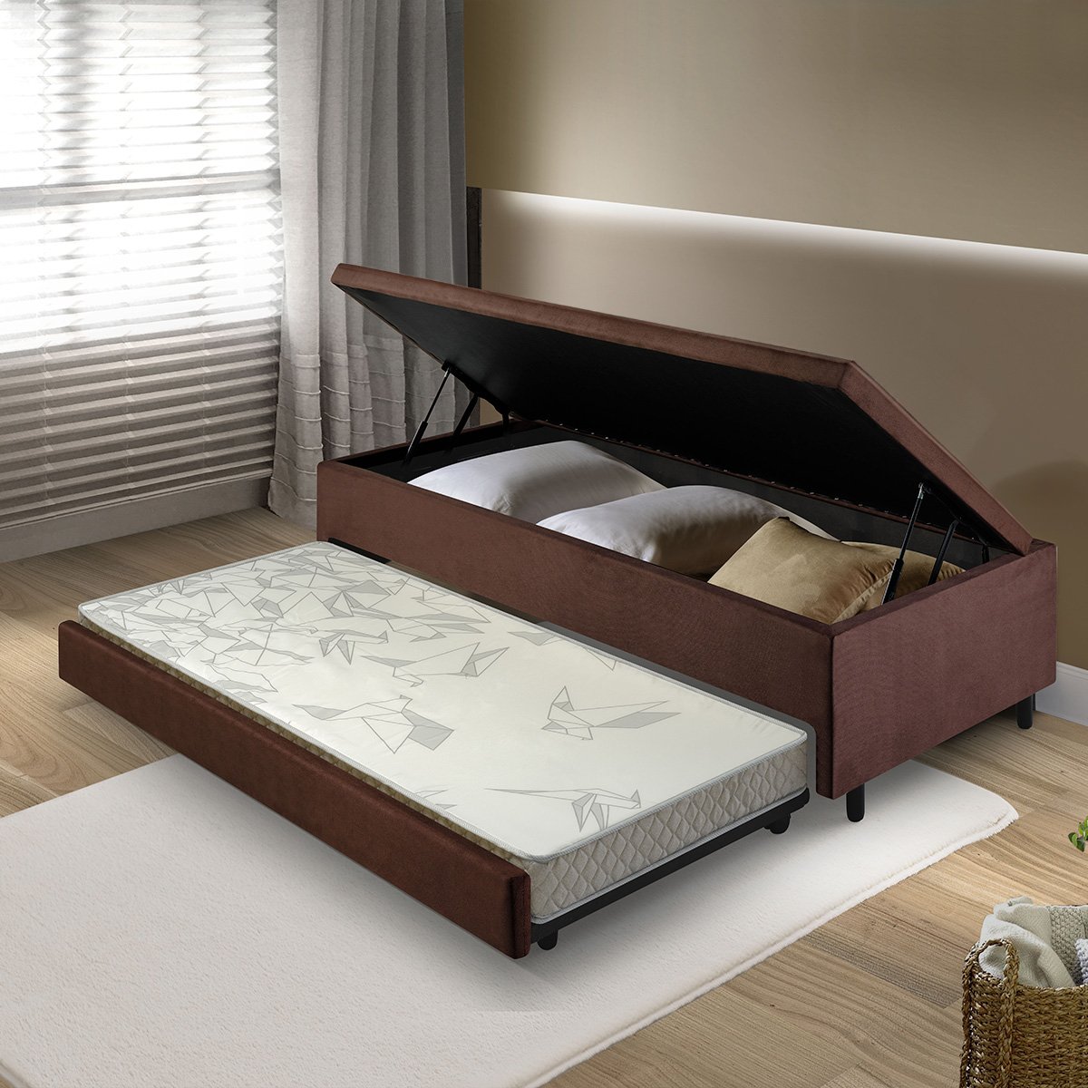 Bicama Box com Baú Solteiro 88x188 com Colchão Auxiliar Suede Marrom - 2