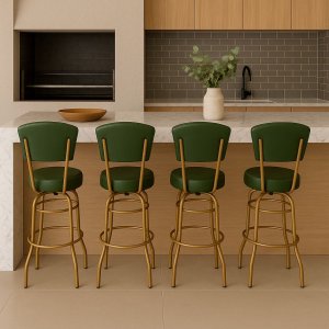 Kit 4 Banquetas Alta Bar Giratória com Encosto Cor Dourado Fosco Assento Grosso Confortável Verde