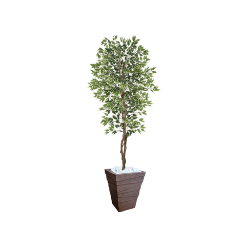 Planta Artificial Ficus Verde Creme 2,10m kit + Vaso Trapezio D. Grafiato Marrom 40cm
