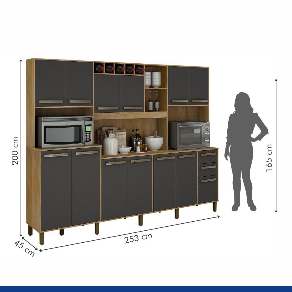 Cozinha Compacta 12 Portas Ágata Valdemóveis Cinamomo/Grafite