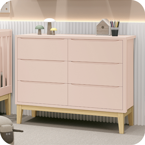 Kit 2 Cômoda Infantil 6 Gavetas Rosa Classic Madeira Natural