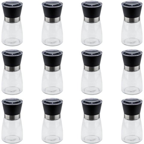 Kit 12 Moedores de Sal e Pimenta Lyor 170ml Vidro Moinho de Cerâmica e Tampa Plástica Preta