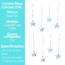 Cortina 16 Estrelas Cascata Led Color 224 Lâmpadas Pisca 8 Funções 3 Metros - Bela Flor - 7 Cortina 16 Estrelas Cascata Led Color 224 Lâmpadas Pisca 8 Funções 3 Metros - Bela Flor - 7