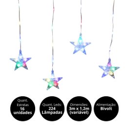 Cortina 16 Estrelas Cascata Led Color 224 Lâmpadas Pisca 8 Funções 3 Metros - Bela Flor - 4 Cortina 16 Estrelas Cascata Led Color 224 Lâmpadas Pisca 8 Funções 3 Metros - Bela Flor - 4