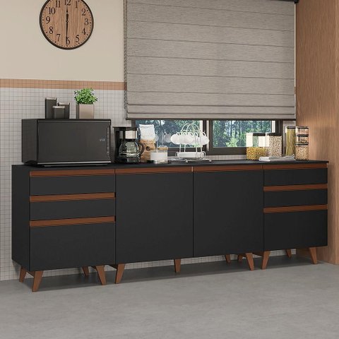 Kit com Três Balcões de Cozinha 2 Portas 6 Gavetas (com Tampo) Preto Reims Madesa