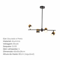 Luminaria Pendente Spot 65x55cm 40w Gu10 Preto e Dourado Lumier - 3