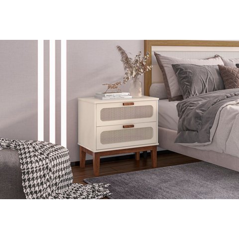 Conjunto Mesa de Cabeceira Santorini Pes de Madeira 60cm Off White