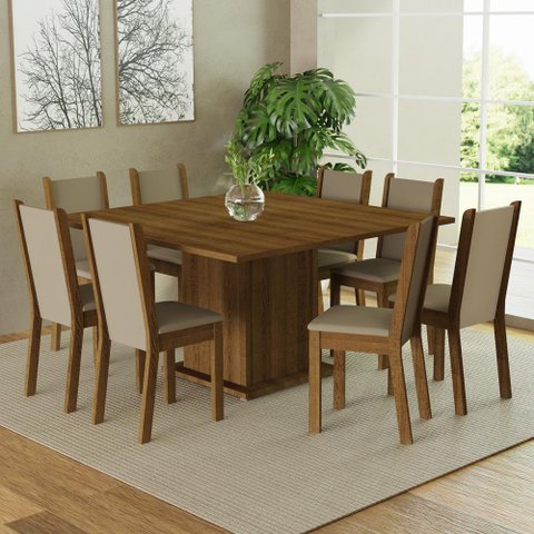 Conjunto Sala de Jantar Mesa Tampo de Madeira 8 Cadeiras Rustic/crema/bege Marisa Madesa
