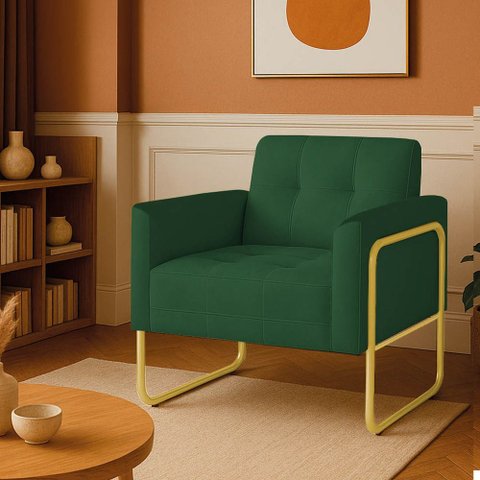Poltrona Sala Industrial Alta Tubo Dourado Elisa Veludo Verde D03 - D’Rossi