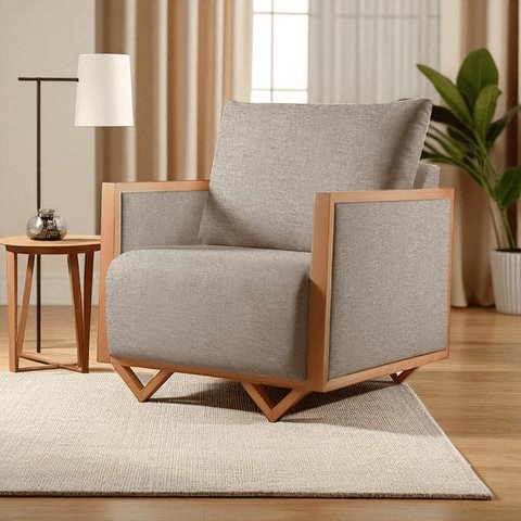 Poltrona para Sala de Estar Madeira Maciça Lara Luxo Bege Cappuccino