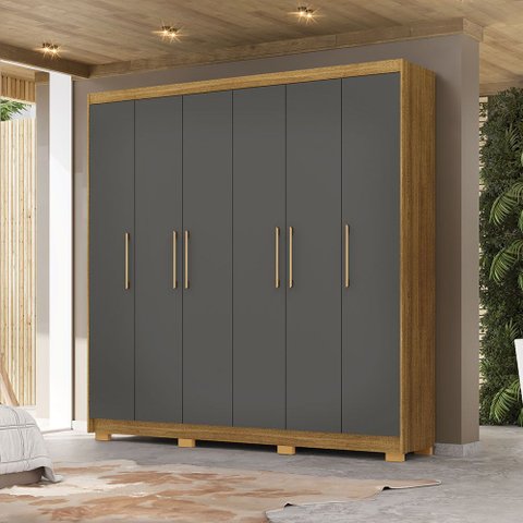 Guarda Roupa Casal Madesa 6 Portas Bater 6 Gavetas com Cabideiros Ajustáveis Mdf Nature/chumbo G98 G