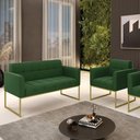 Ver imagem 4 de Kit 1 Sofá Namoradeira e 1 Poltrona Elisa Suede Verde Base Metálica Industrial Dourada - D'Rossi