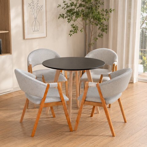 Conjunto Mesa Jantar Tampo Preto 90cm 4 Poltronas Moderna Basalto