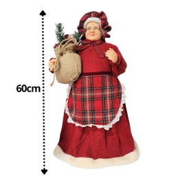 Mamãe Noel Decorativa Avental Xadrez e Saco de Presentes Rústico 60cm - Cromus - 4