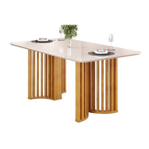 Mesa Jantar Luma Madeirado/Vidro 180cm Cedro/Off DJ Móveis