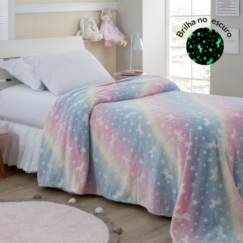 Cobertor Manta Infantil Brilha no Escuro Fleece Fluorescente Magica Unicórnio