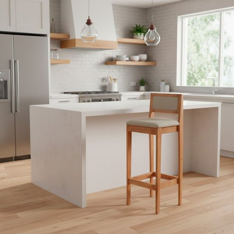 Kit 6 Banquetas Assento Encosto Estofado em Linho Hellen:mel com Palha