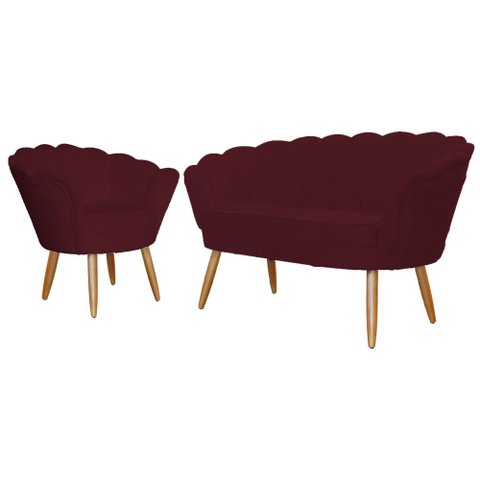 Kit Namoradeira + 1 Poltrona Decorativa Pétala Suede Marsala Pés Madeira Ms Decor