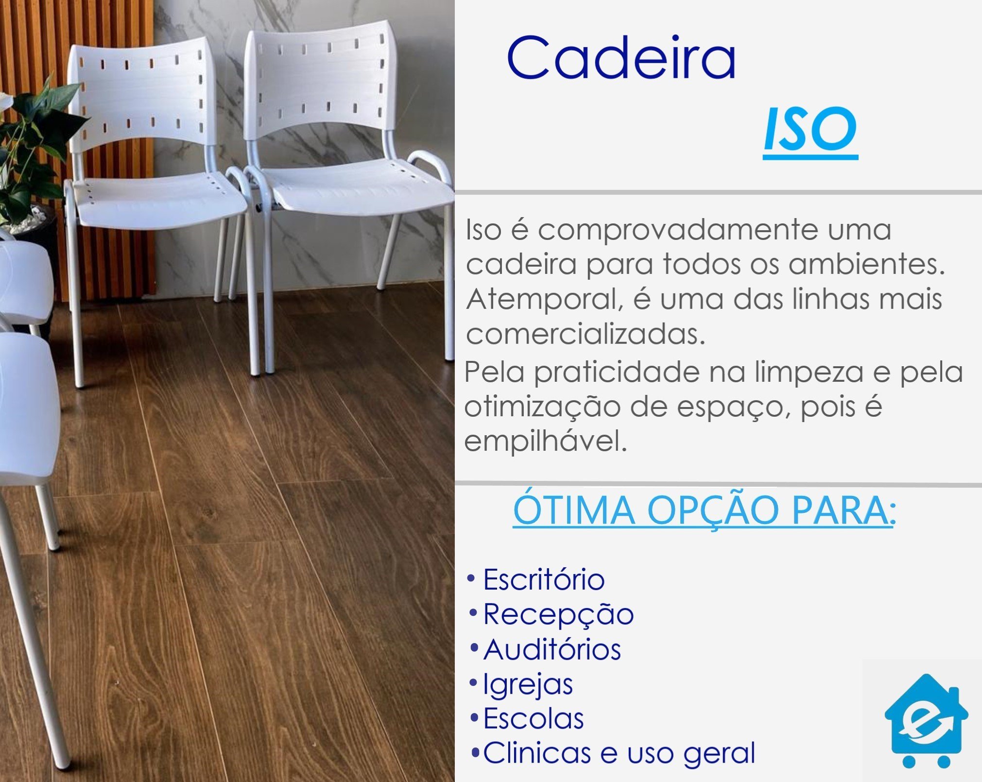 Kit com 10 Cadeiras Iso para Escola Escritório Comércio Branca Base Preta Ecomhome - 7