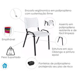 Kit com 10 Cadeiras Iso para Escola Escritório Comércio Branca Base Preta Ecomhome - 7