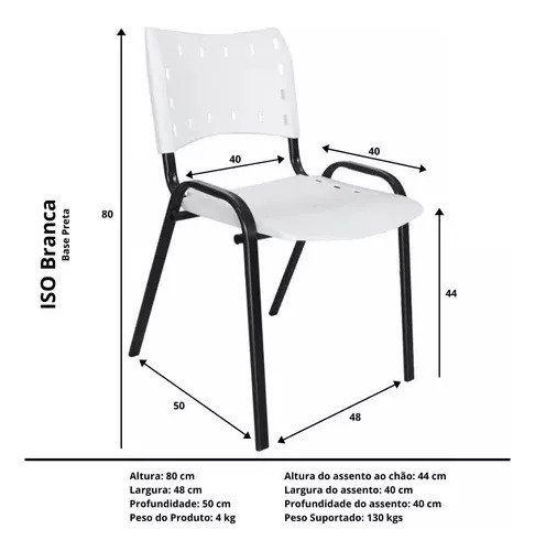 Kit Com 10 Cadeiras Iso Para Escola Escritório Comércio Branca Base Preta - 4