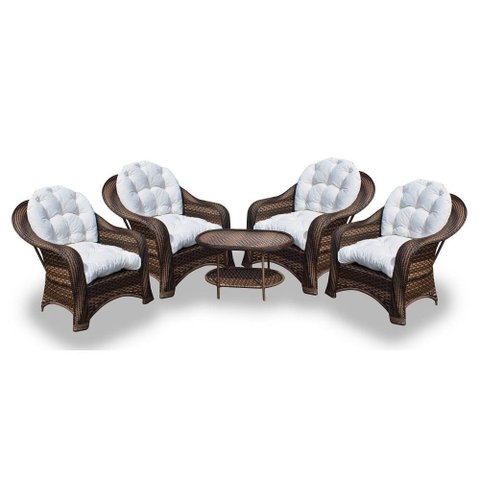 Conjunto de Poltronas Fibra Sintética Janaína - 4 Poltronas + 1 Mesa Centro - Tecido Duna Cru