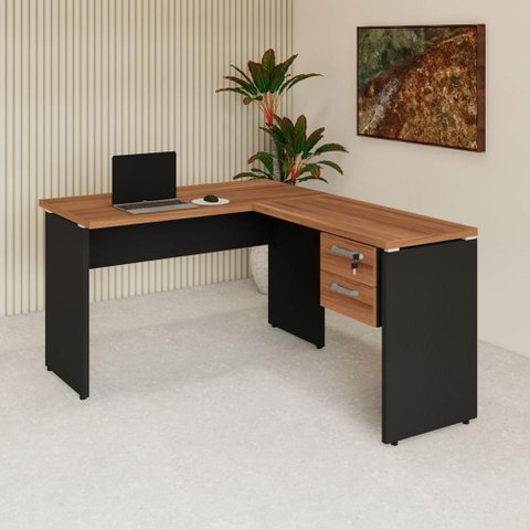 Mesa de Escritório em L 30mm com Gaveteiro Suspenso e Chave F5 Office Cor:Nogal com Preto