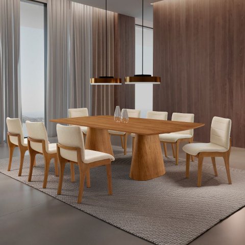 Sala de Jantar Mesa Noronha 220cm Tampo Laminado Barril com 8 Cadeiras Bella Mobillare