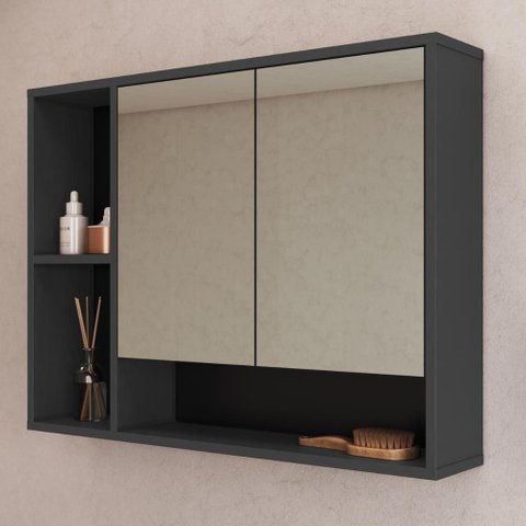 Espelheira de Banheiro com 2 Portas e Nichos 80cm Multimóveis Crart-EPL003 Grafite