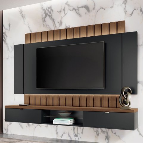 Painel para TV 70 pol Ripado com Bancada Suspensa Luzzi B01 Preto Castanho - Lyam Decor