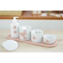 Kit Higiene Bebê Porcelana Borboleta Menina Rosê Quarto Bancada Banho Cuidados Recém Nascido K110 - 9