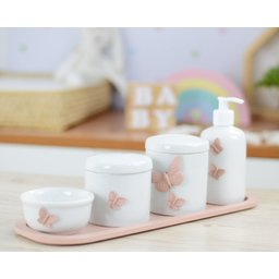 Kit Higiene Bebê Porcelana Borboleta Menina Rosê Quarto Bancada Banho Cuidados Recém Nascido K110 - 5