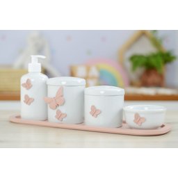 Kit Higiene Bebê Porcelana Borboleta Menina Rosê Quarto Bancada Banho Cuidados Recém Nascido K110 - 4