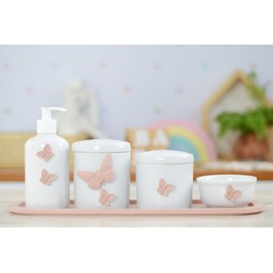 Kit Higiene Bebê Porcelana Borboleta Menina Rosê Quarto Bancada Banho Cuidados Recém Nascido K110