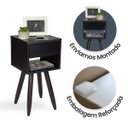 Ver imagem 4 de Mesa de Cabeceira Retrô 30cm Preto Gaveta e Nicho Pés Palito Madeira Escura - Enviamos Montado