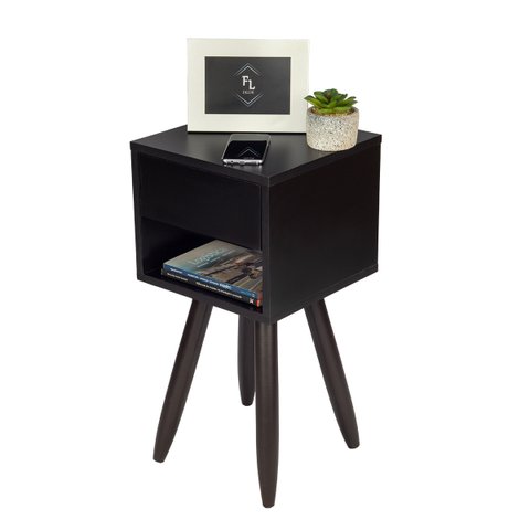 Mesa de Cabeceira Retrô 30cm Preto Gaveta e Nicho Pés Palito Madeira Escura - Enviamos Montado