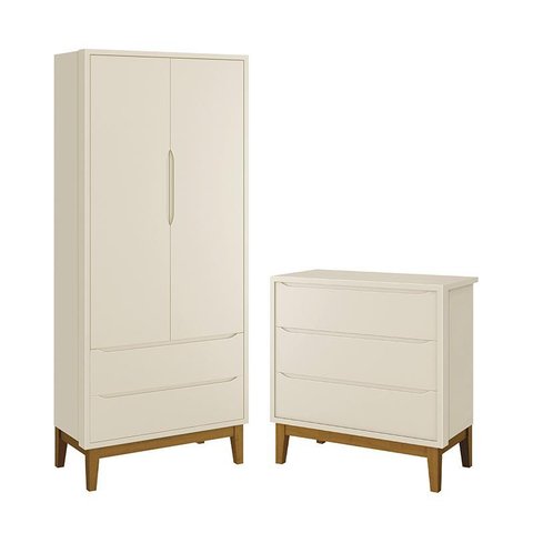 Jogo de Quarto Infantil Guarda Roupa 2 Portas e Cômoda 3 Gavetas Classic Areia Fosco com Pés