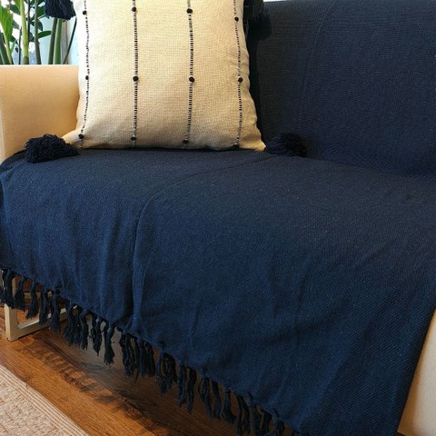 Manta Decorativa Sofá Grande Algodão Azul Marinho 1,80 X 2,50