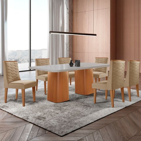 Mesa de Jantar Eloise 180cm Tampo Mdf Vidro com 6 Cadeiras Safira