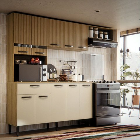 Armário de Cozinha Completo 10 Portas e 1 Gaveta com Vidro Dora Carvalho e Off White