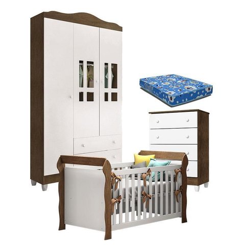 Quarto de Bebê Ariel 3p Gaveteiro e Berço Lara Branco Acetinado Amadeirado com Colchão –