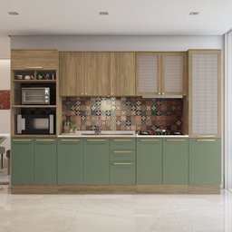 Armário de Cozinha Modulada Completa 07 Peças 3,20m Botanic Kappesberg - Nogueira/verde Oliva - 1 Armário de Cozinha Modulada Completa 07 Peças 3,20m Botanic Kappesberg - Nogueira/verde Oliva - 1