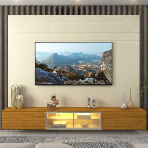 Painel para TV até 85 Polegadas Luminare 3 Portas com Vidro Reflecta e LED 100% MDF Off White/Natura