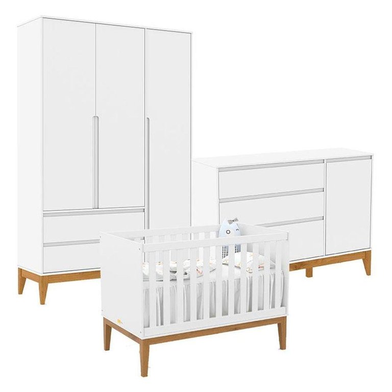 Quarto de Bebê Nature Clean 3 Portas com Berço Unique Branco Soft Eco Wood - Matic Quarto de Bebê Nature Clean 3 Portas com Berço Unique Branco Soft Eco Wood - Matic