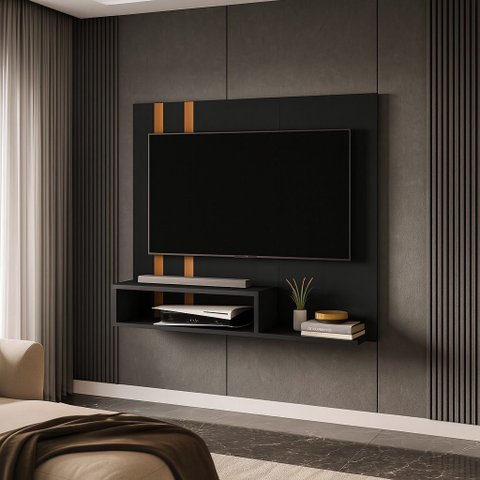 Painel Tv 32 Pol Sala Quarto Suspenso Nicho Prateleira 90x90:preto/cedro