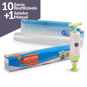 Jogo de 10 Sacos Reutilizáveis Vacuum 6 L e Selador a Vácuo Manual Moda do Chef